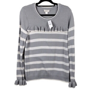 Loft Grey White Striped Scoop Neckline Long Sleeve Pullover Knit Sweater